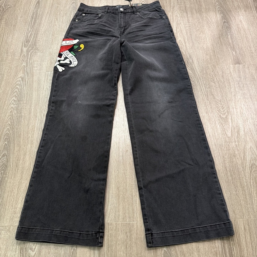 Ed Hardy Baggy LKS Skull Wide Leg Jeans Size 30 Faded Black Embroidered SK8 NWT
